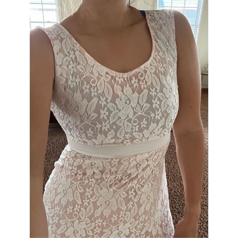 Vintage cream floral lace mermaid bodycon dress low scoop back sleeveless - Picture 3 of 5